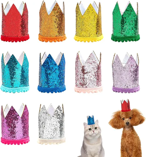 PET SHOW Paquete de 10 mini sombreros de corona para perros pequeños, sombreros de fiesta de cumpleaños para perro, diadema ajustable, sombreros de