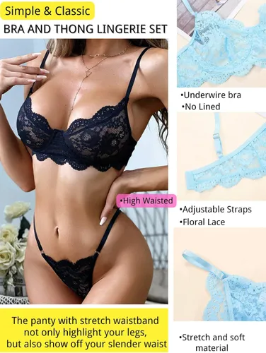 Vista 2 de KaeiShi Encaje floral festoneado con varillas tanga de corte alto lencería de 2 piezas