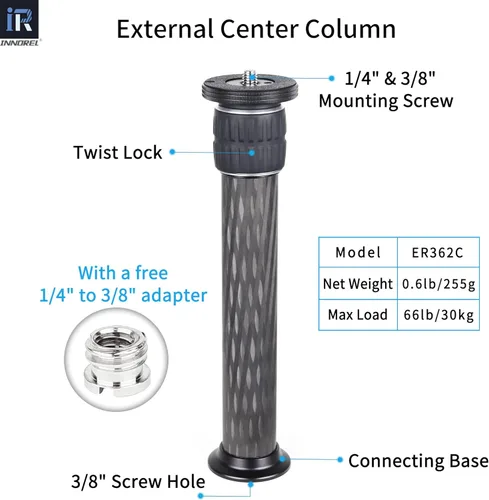 Vista 2 de INNOREL ER362C Universal 10 capas de fibra de carbono trípode centro columna extensión extensión poste extensor - dos secciones media columna