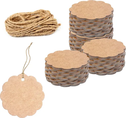 200 etiquetas de regalo de papel estraza festoneado con cuerda de yute natural de 100 pies para embalaje de manualidades, la etiqueta mide 2.4