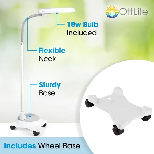 Vista 2 de OttLite Lámpara de pie de 18 vatios con cuello flexible, accesorio de base de rueda incluido, color blanco