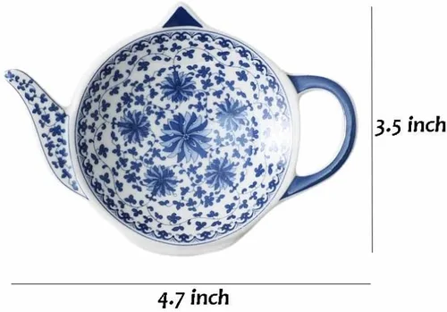 Vista 6 de Sizikato 4 portabolsas de té de porcelana azul y blanca para bolsitas de té, posavasos en forma de tetera, cuchara, reposos, aperitivos, plato