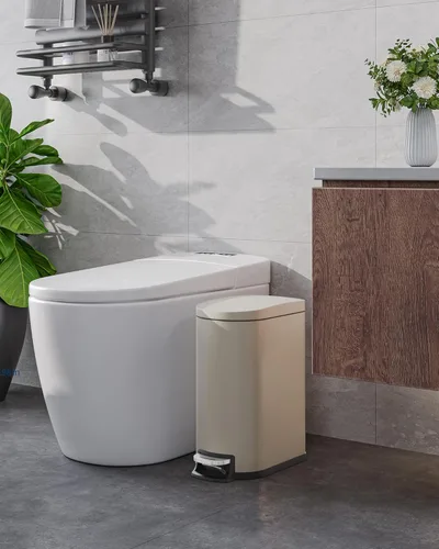 Vista 2 de Garvee Cubo de basura de metal de 2.6 galones / 10 L con tapa, bote de basura delgado e impermeable para dormitorio, pequeño cubo de basura con cubo