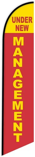 Vista 2 de Under New Management Publicidad Banner de plumas Swooper Flag Sign con kit de asta de bandera y estaca de tierra Baya o bandera roja con kit