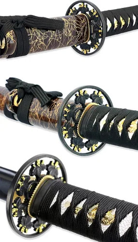 Vista 5 de Vulcan Gear Espada samurái katana japonesa de hoja negra sagrada hecha a mano con soporte de espada de madera y vaina