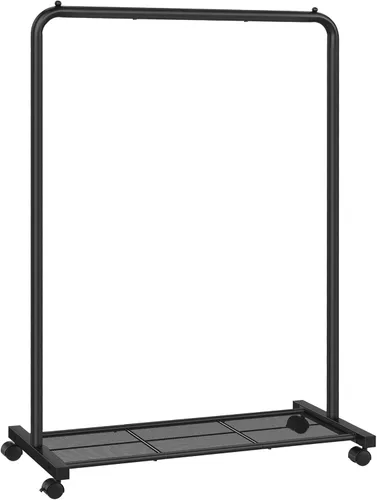 Vista 10 de SONGMICS Perchero de doble barra con ruedas, perchero para colgar ropa, perchero resistente con estante de almacenamiento de malla, 2 frenos, cada