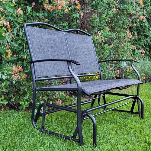 Vista 6 de Backyard Expressions - Banco mecedor para 2 personas para exteriores, silla mecedora doble para patio con marco de acero recubierto de polvo