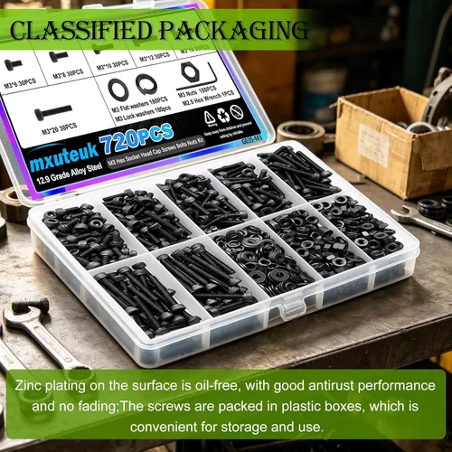 Vista 3 de mxuteuk Kit de surtido de 620 tornillos M3, kit de tornillos M3 adecuado para impresora 3D, 6/8/10/12/16/20mm grado 12.9 pernos de acero aleado