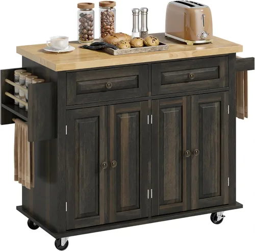 Vista 15 de HOMCOM Carrito de Isla de Cocina con Superficie de Madera de Caucho, Mesa de Isla de Cocina Rodante sobre Ruedas con Cajones, Estantes Ajustables