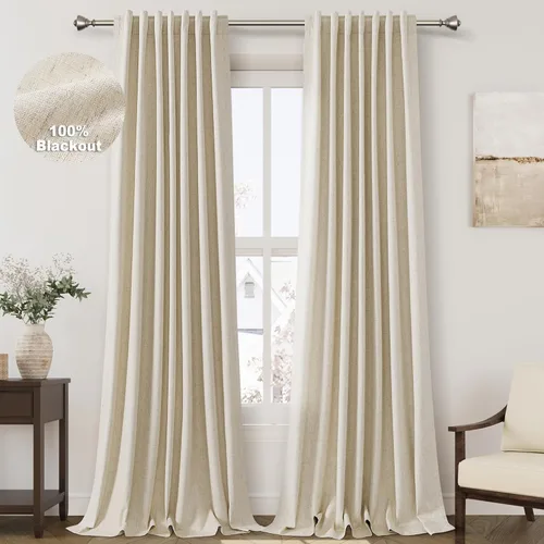 Vista 49 de Cortinas de lino verde aguamarina de 102 pulgadas de largo con pestaña trasera, bolsillo para barra, cortinas de lino opacas que absorben el sonido