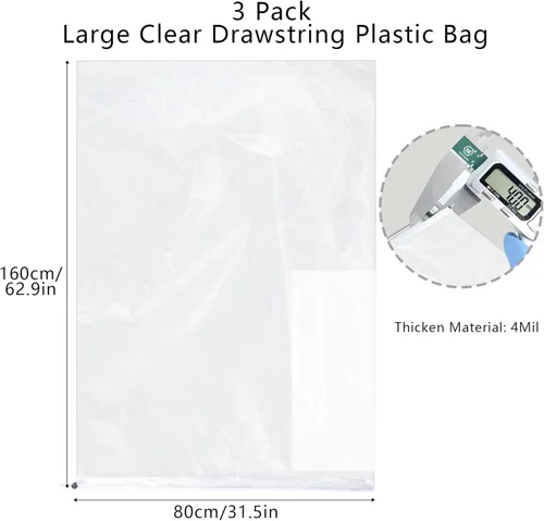 Vista 2 de Klmnop Bolsas de plástico transparentes extragrandes con cordón de 62 x 31 pulgadas, paquete de 3 bolsas de almacenamiento de equipaje a prueba