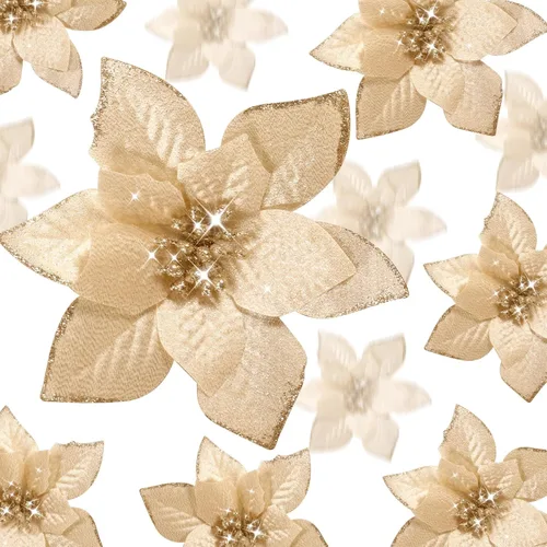 Vista 7 de WILLBOND 24 Piezas 3 Tamaños Flor de Nochebuena Artificial Decoración Navideña con Purpurina Adornos Navideños de Nochebuena Flores Artificiales