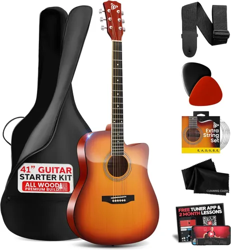 Vista 9 de Pyle Kit de guitarra acústica de cuerdas de acero, 4/4 de tamaño completo con corte, guitarra acústica totalmente de madera con juego de accesorios