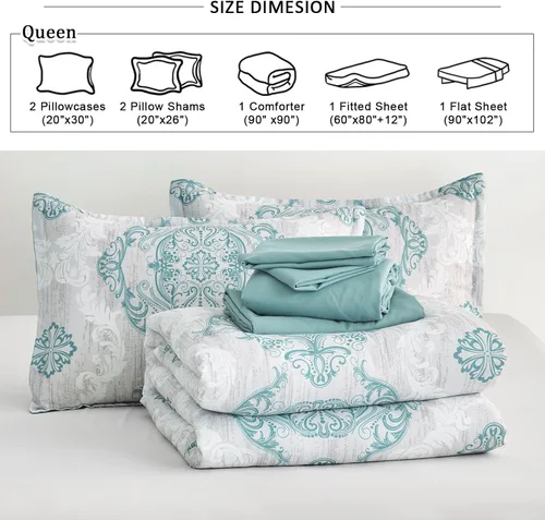 Vista 8 de WONGS BEDDING Juego de edredón Aqua tamaño Queen, textura de damasco, 7 piezas, cama en una bolsa, juego de sábanas de microfibra bohemio