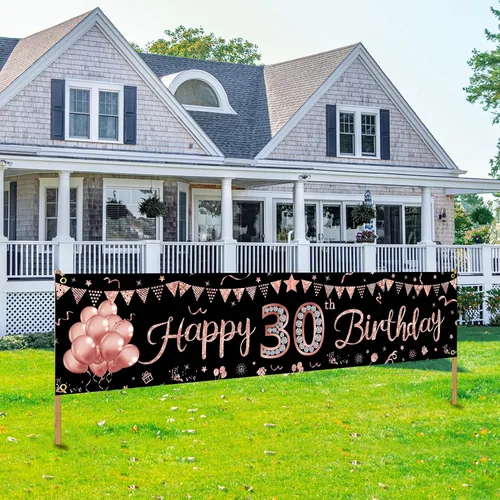 Cartel de feliz cumpleaños 30 para mujer, letrero de cumpleaños de 30 años de oro rosa, suministros de fiesta para ella, divertida decoración de