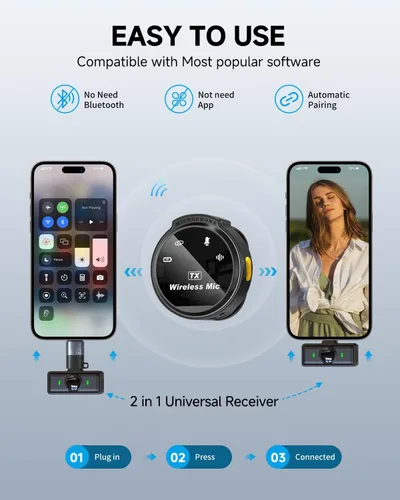 Vista 3 de Caiord Paquete de 2 Micrófonos Lavalier Inalámbricos para iPhone 15, Android, USB C, iPad con Adaptador Incluido, Mini Micrófono de Solapa con Negro