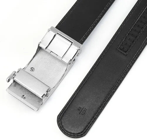 Vista 6 de BOSTANTEN Cinturón de cuero con trinquete para hombre con hebilla ajustable deslizante, corte para adaptarse, Negro