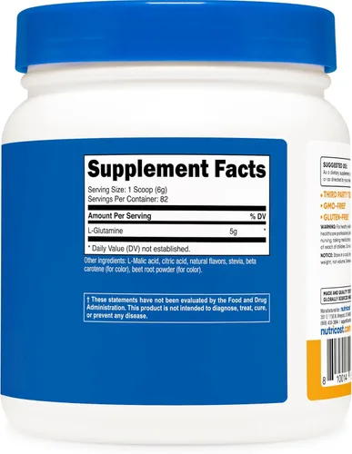 Vista 5 de Nutricost L-Glutamina en polvo endulzado con stevia (17.64 oz, mango de melocotón) - Suplemento para apoyo intestinal, 0.18 oz de L-glutamina por