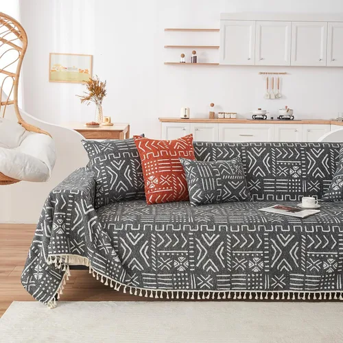 Vista 35 de VClife Funda de sofá bohemia para Navidad, 1 pieza, suave y cálida para sofá seccional, funda lavable de calabaza y jacquard negro para sofá biplaza