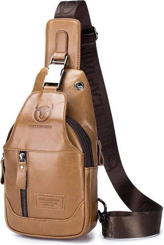 BULLCAPTAIN Cuero auténtico hombres Sling mochila multi bolsillo crossbody pecho Bolsas viaje senderismo Daypack, Mochilas Sling, marrón (YELLOWISH