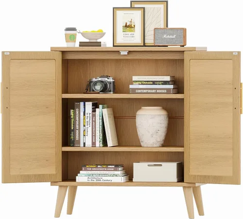 Vista 7 de Rovaurx Gabinete de almacenamiento de ratán con puertas, gabinete de piso de baño de acento moderno, aparador buffet para sala de estar, entrada