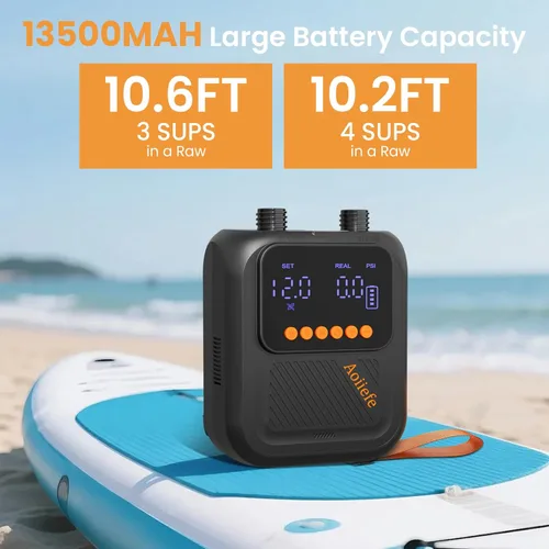 Vista 2 de Bomba eléctrica inteligente portátil de 20 PSI, inflado y desinflado inteligente de doble etapa, apagado automático y recargable para tablas de remo