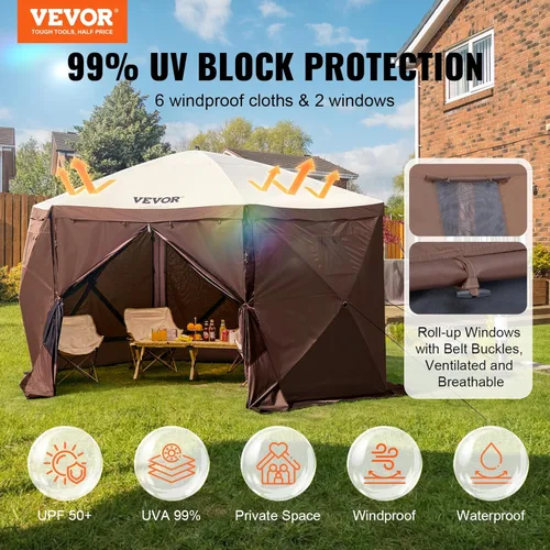 Vista 3 de VEVOR Gazebo Emergente con Pantalla de 6 Lados, Refugio Solar con 6 Telas de Privacidad Removibles contra el Viento y Ventanas de Malla, Carpa