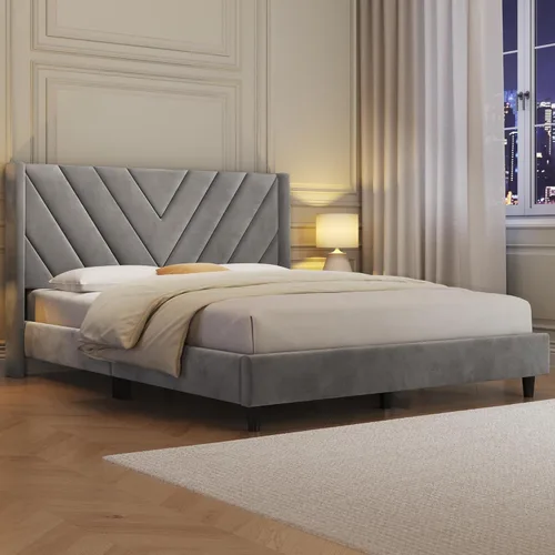 Vista 3 de Yaheetech Upholstered Platform Bed with Wing Side Headboard,Heavy Duty Wooden Slat Support/No Box Spring Needed/Easy Assembly, Light Gray Full Bed