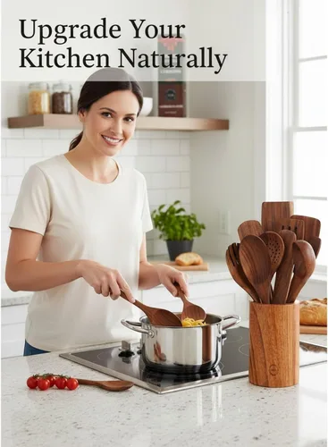 Vista 5 de Juego de utensilios de cocina de madera de teca 100% natural, 12 herramientas de cocina con soporte para cuchara grande y reposo, antiadherente