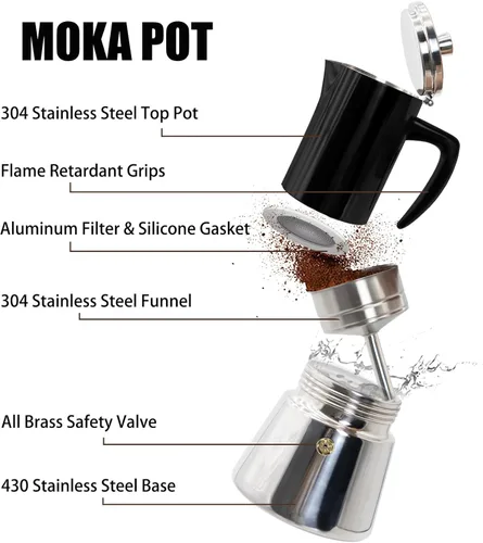 Vista 4 de 4 tazas de acero inoxidable 304 espesado Moka Pot Estufa Espresso Maker Cafeteras Italiano Percolador Espress Maker Capaz Greca Mocha cafetera