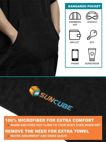 Vista 3 de SUN CUBE Poncho de surf cambiador con capucha Toalla de microfibra absorbente de secado rápido con bolsillo para surfear, hombres y mujeres