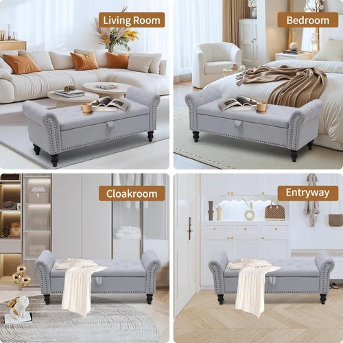 Vista 45 de Babion Banco otomano de almacenamiento con brazos, banco de extremo de cama para dormitorio, banco de almacenamiento con botones para entrada, sala
