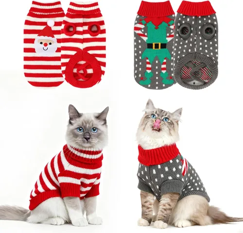 Vista 9 de BWOGUE 2 Packs de suéteres navideños para gatos, suéteres para perros, ropa tejida cálida de invierno para mascotas, suéteres con árbol de Navidad