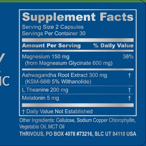Vista 3 de Thrivous Serenity Nightly Nootropic – Sleep & Relaxation Formula with KSM-66 Ashwagandha, L-Theanine, Magnesium Glycinate & Melatonin – 60 Vegan