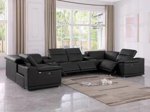 Vista 476 de BlackJack Furniture Venice - Sofá modular de cuero italiano de grano superior de 5 piezas con 3 reclinables eléctricos, reposacabezas ajustable