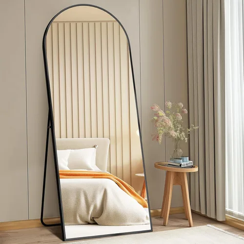 Vista 18 de DUMOS - Espejo de pie arqueado de cuerpo completo con soporte, marco de aluminio, para colgar o apoyar, nanocristal inastillable, para decorar