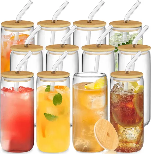 Vista 11 de 12 Pcs Glass Cups with Bamboo Lids and Straws - 16oz Glass Tumbler, Iced Coffee Cup, Can Shaped Drinking Glasses for Coffee, Tea, Smoothie, Juice