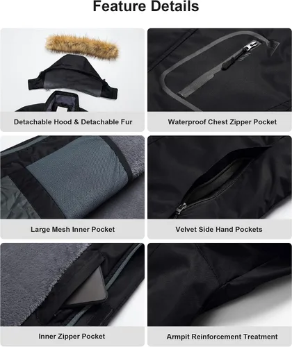Vista 6 de Pursky Chaqueta de esquí impermeable para hombre abrigos de nieve de invierno abrigos de piel con capucha