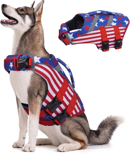 Vista 17 de Kuoser Chaleco salvavidas para perros con rayas reflectantes, chaleco ajustable de alta visibilidad, salvavidas Ripstop, preservador de mascotas