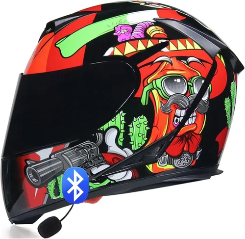 Vista 10 de Casco de motocicleta Bluetooth de cara completa, aprobado por DOT, abatible, antivaho, doble visera, altavoz dual integrado con micrófono