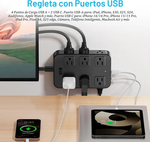 Vista 3 de Tira de alimentación con enchufe plano, protector de sobretensiones, cable de extensión de 5 pies con 12 tomas de corriente alterna, 6 puertos USB