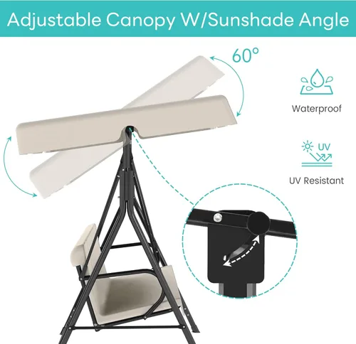 Vista 6 de Murago - Silla de columpio para patio al aire libre con dosel ajustable, columpio para patio al aire libre con soporte resistente para 3 personas