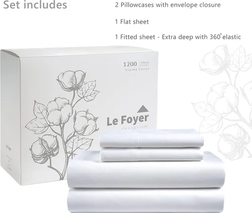 Vista 4 de Lefoyer - Sábanas de algodón Supima tamaño King, sábana de 1200 hilos, 4 piezas, calidad de hotel de 5 estrellas, elásticas, se ajustan a colchones