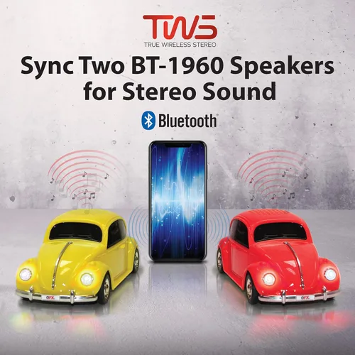 Vista 9 de QFX Bluetooth 1960 Bug Retro Car Replica Altavoz, Altavoces de 3 pulgadas, Enlace Manos Libres, Micrófono Integrado, Radio FM y Luces LED de Fiesta