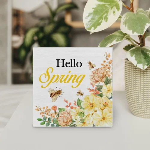 Vista 4 de Letrero de madera con diseño de flores de primavera de campo, decoración de escritorio, tulipanes florales, con cita de Hello Spring, caja