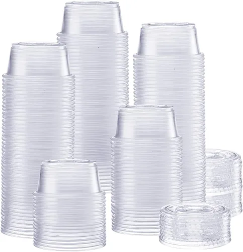 GUSTO [2 oz. - 200 unidades de vasos de plástico desechables transparentes con tapas de 2 onzas - Vasos para soufflé, vasos para chupitos de