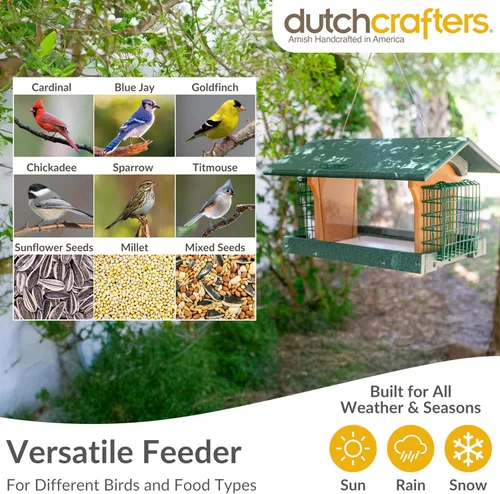 Vista 5 de DutchCrafters Comedero grande de plástico para pájaros con dos jaulas de sebo, comederos para pájaros para exteriores para alimentos o semillas