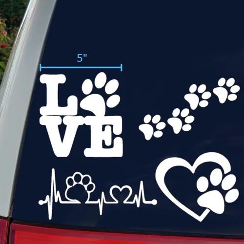 Vista 10 de Paquete de 4 calcomanías de patas: patas de perro, amor con pata, latido del corazón de la pata, huellas de patas (blanco, pequeño ~ 3.5 pulgadas)