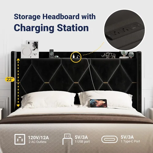 Vista 4 de Allewie Base de cama tapizada de terciopelo tamaño completo con cabecera de almacenamiento con respaldo de alas y estación de carga, cama