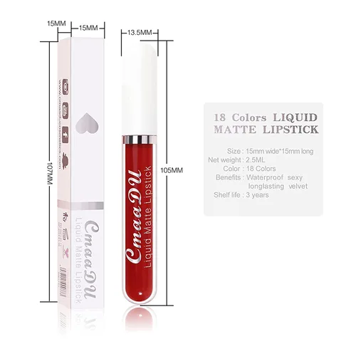 Vista 2 de Juego de lápices labiales líquidos aterciopelados mate de 18 colores, larga duración, impermeable, antiadherente, juego de brillo de labios líquido